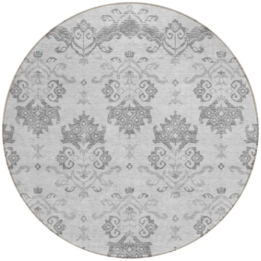 8' Graphite Gray And Silver Round Oriental Washable Indoor Outdoor Area Rug Photo 5