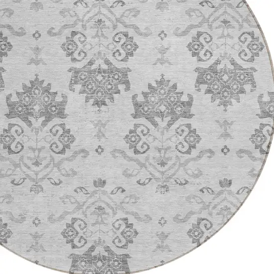 8' Graphite Gray And Silver Round Oriental Washable Indoor Outdoor Area Rug Photo 4