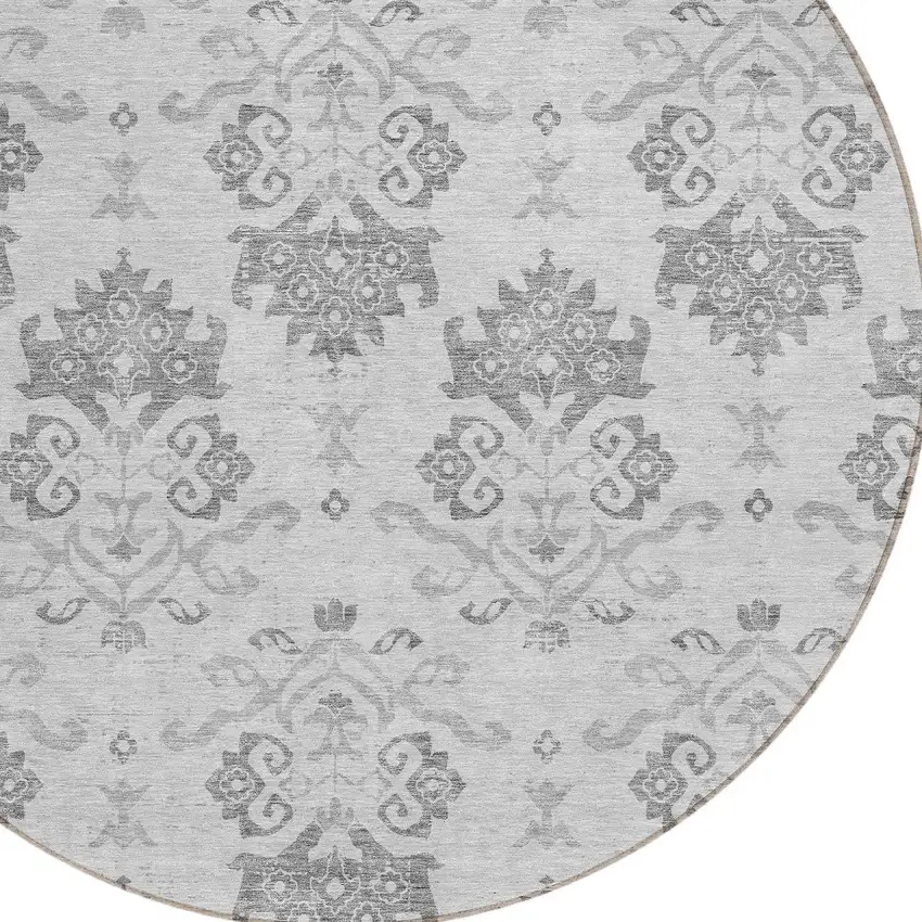 8' Graphite Gray And Silver Round Oriental Washable Indoor Outdoor Area Rug Photo 4