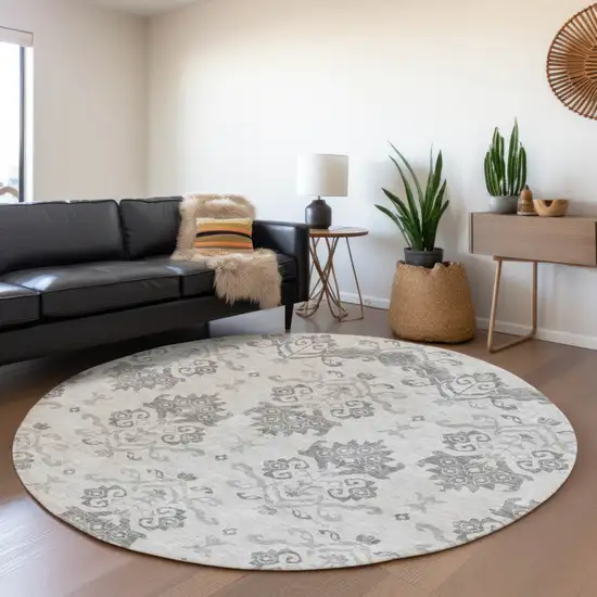8' Graphite Gray And Silver Round Oriental Washable Indoor Outdoor Area Rug Photo 7