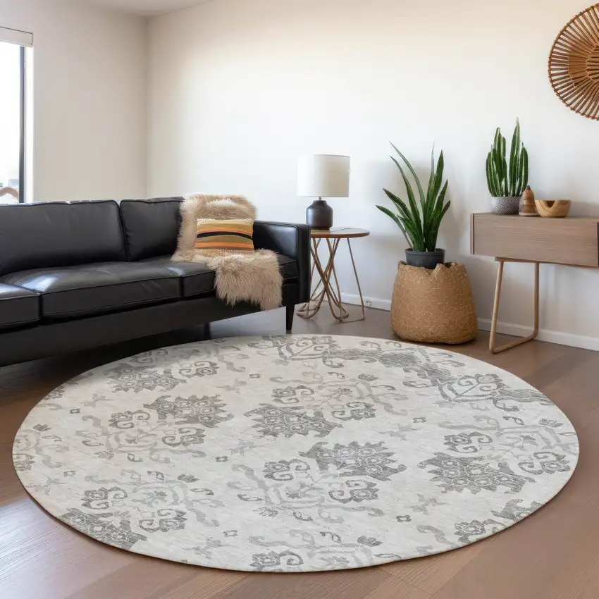 8' Graphite Gray And Silver Round Oriental Washable Indoor Outdoor Area Rug Photo 7