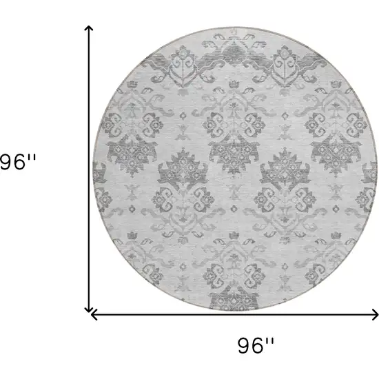 8' Graphite Gray And Silver Round Oriental Washable Indoor Outdoor Area Rug Photo 8