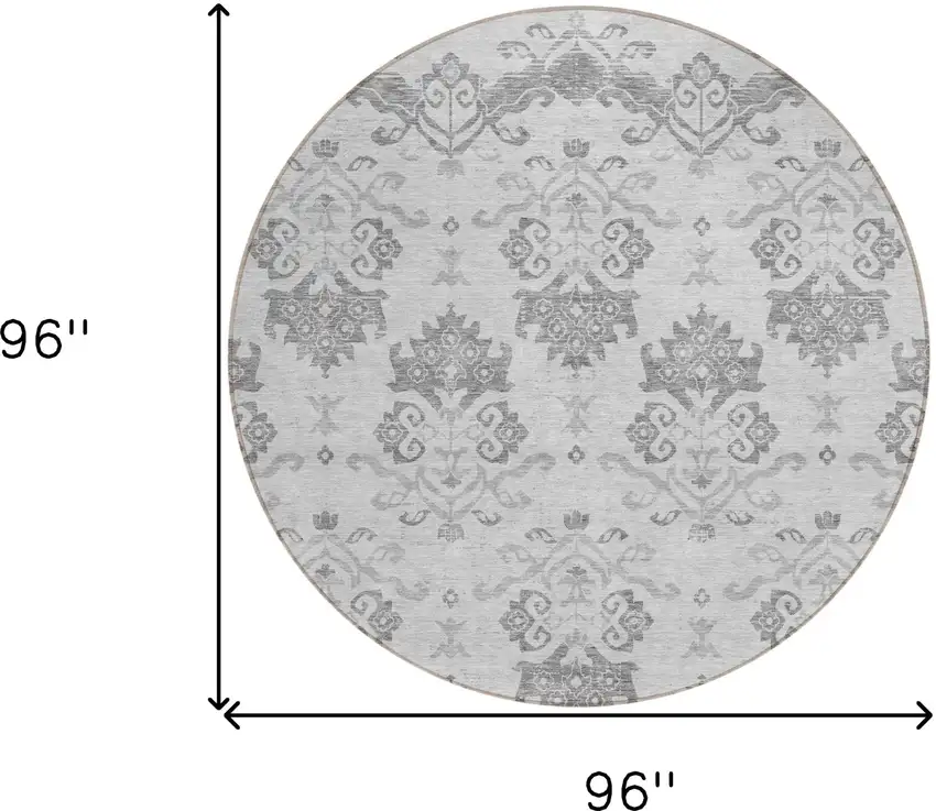 8' Graphite Gray And Silver Round Oriental Washable Indoor Outdoor Area Rug Photo 8