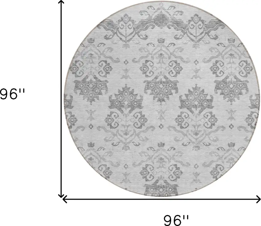 8' Graphite Gray And Silver Round Oriental Washable Indoor Outdoor Area Rug Photo 8