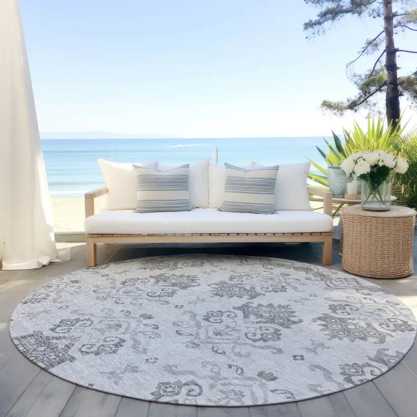 8' Graphite Gray And Silver Round Oriental Washable Indoor Outdoor Area Rug Photo 6