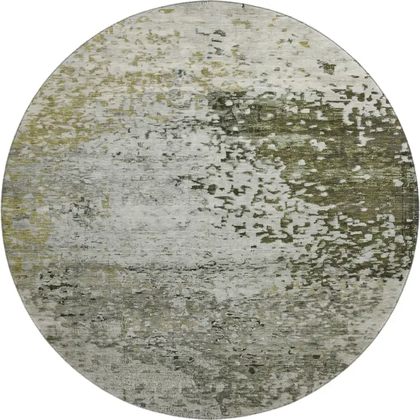 8' Graphite Green And Ivory Abstract Washable Round Rug With UV Protection Photo 1