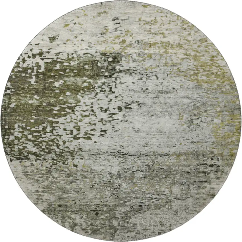8' Graphite Green And Ivory Abstract Washable Round Rug With UV Protection Photo 3