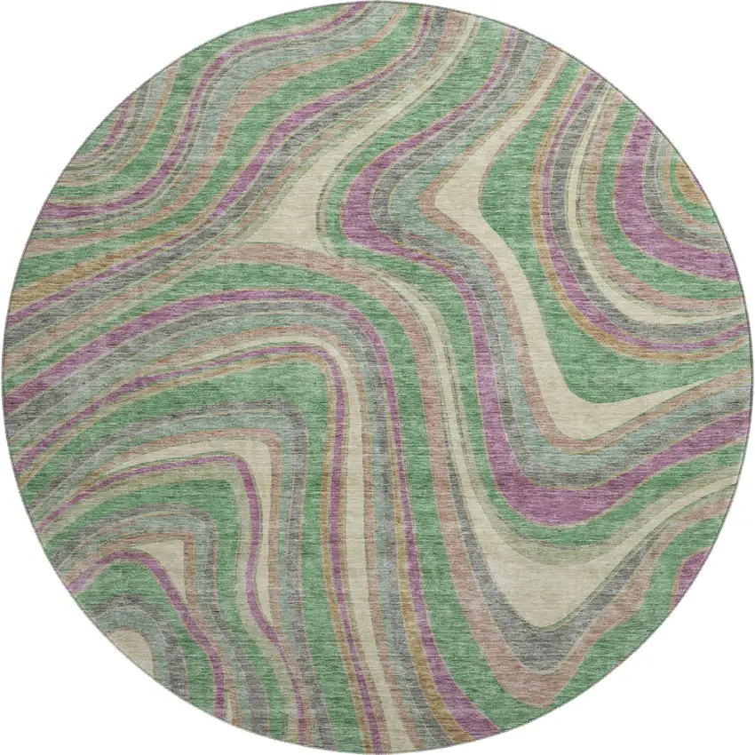 8' Graphite Green And Purple Marble Washable Round Rug With UV Protection Photo 1
