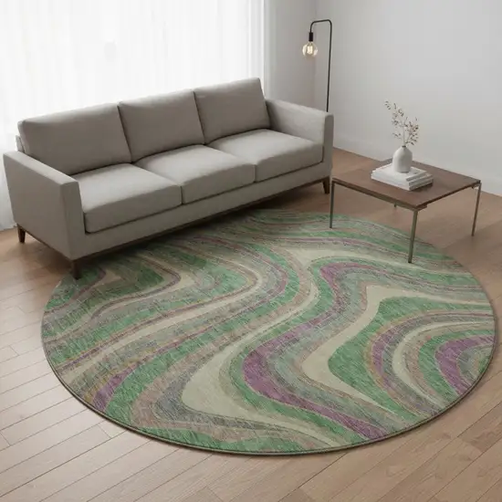 8' Graphite Green And Purple Marble Washable Round Rug With UV Protection Photo 2