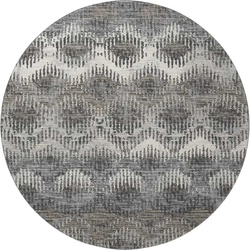 8' Graphite Ivory And Beige Abstract Washable Round Rug With UV Protection Photo 5