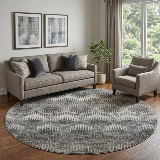 8' Graphite Ivory And Beige Abstract Distressed Washable Round Rug With UV Protection Photo 1