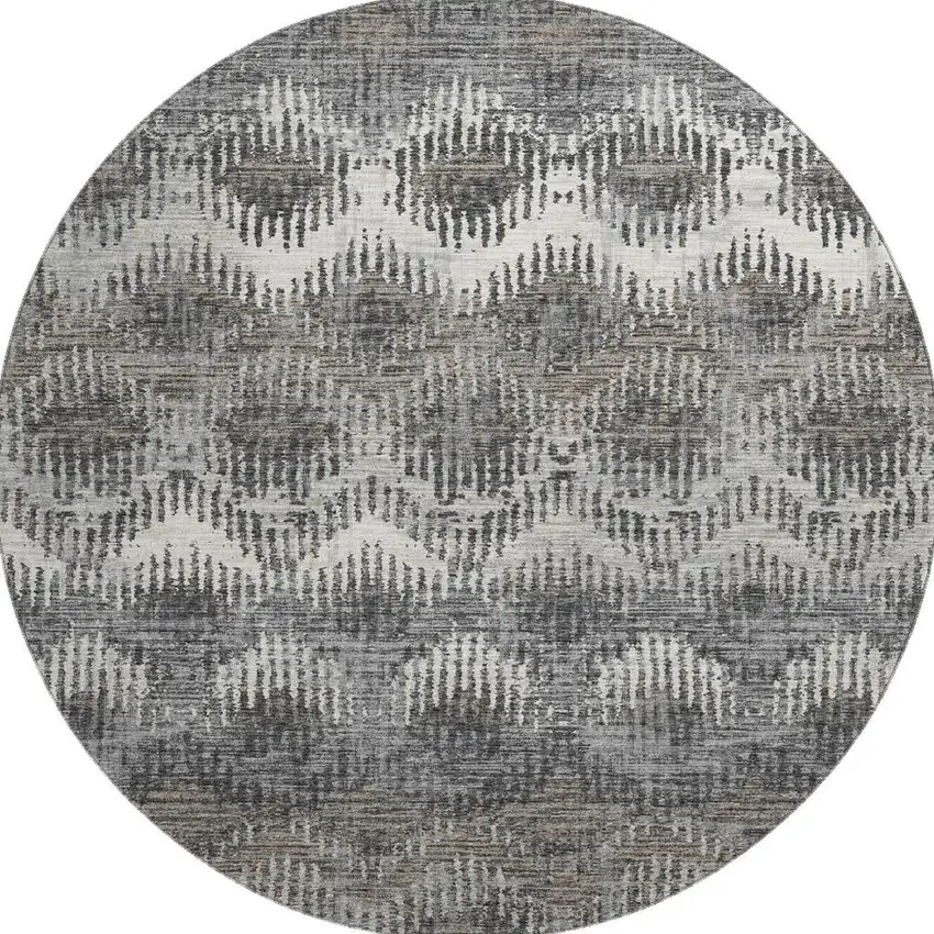 8' Graphite Ivory And Beige Abstract Washable Round Rug With UV Protection Photo 4