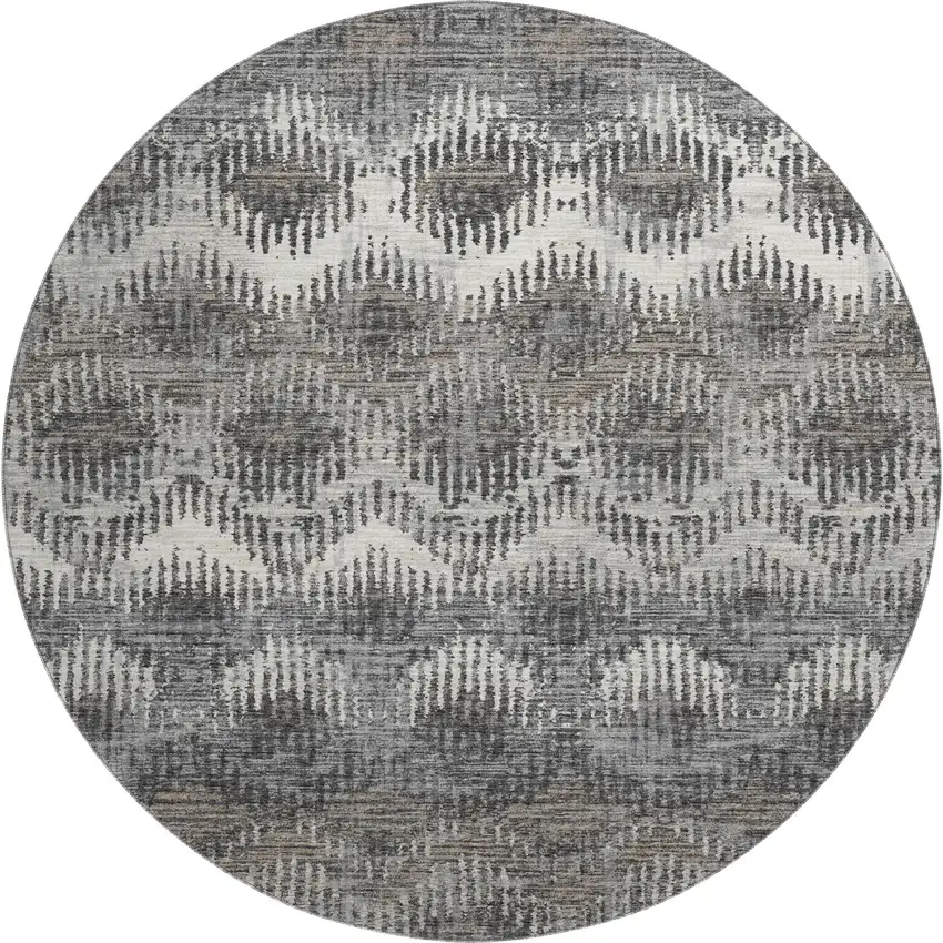 8' Graphite Ivory And Beige Abstract Washable Round Rug With UV Protection Photo 2
