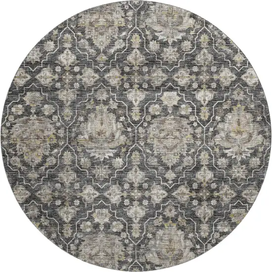 8' Graphite Ivory And Gold Floral Medallion Washable Round Rug With UV Protection Photo 2