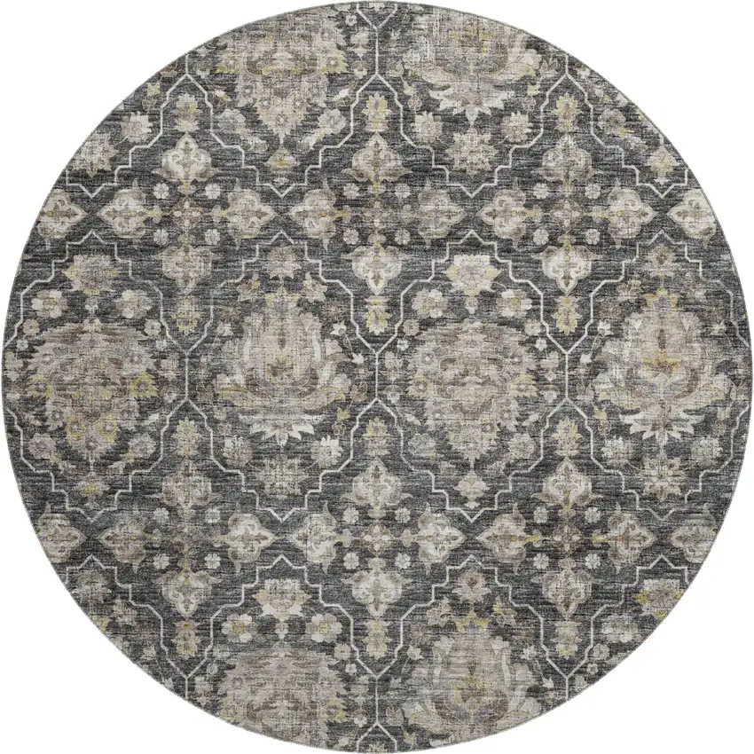 8' Graphite Ivory And Gold Floral Medallion Washable Round Rug With UV Protection Photo 2