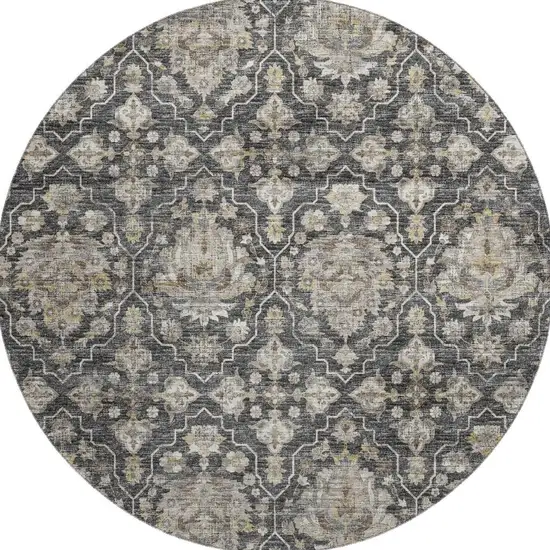 8' Graphite Ivory And Gold Floral Medallion Washable Round Rug With UV Protection Photo 5