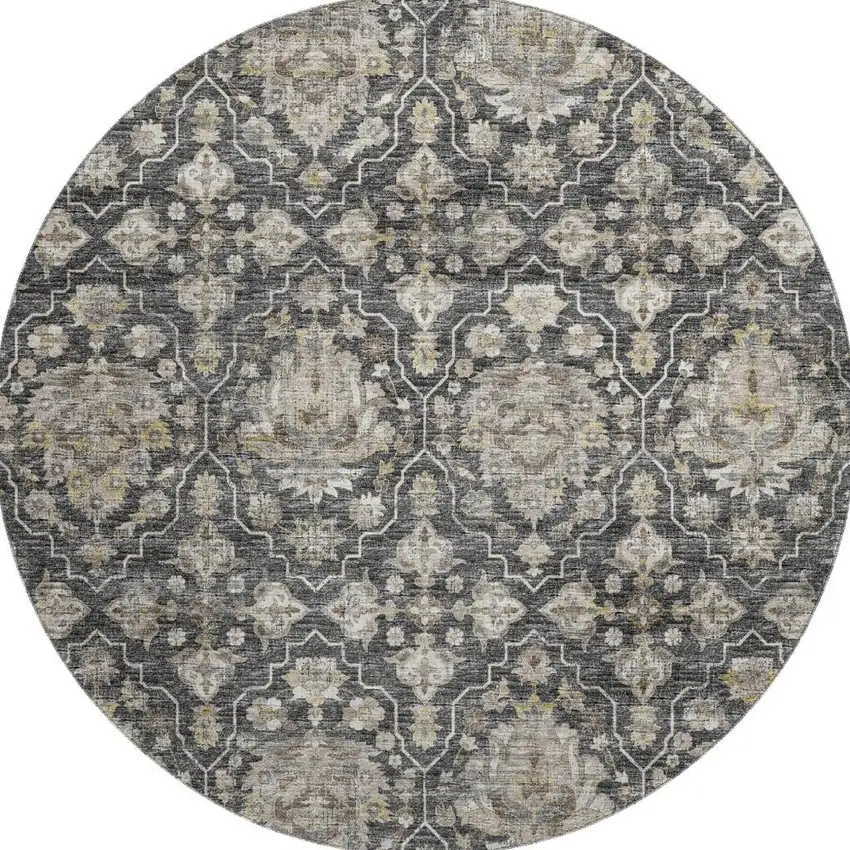 8' Graphite Ivory And Gold Floral Medallion Washable Round Rug With UV Protection Photo 5