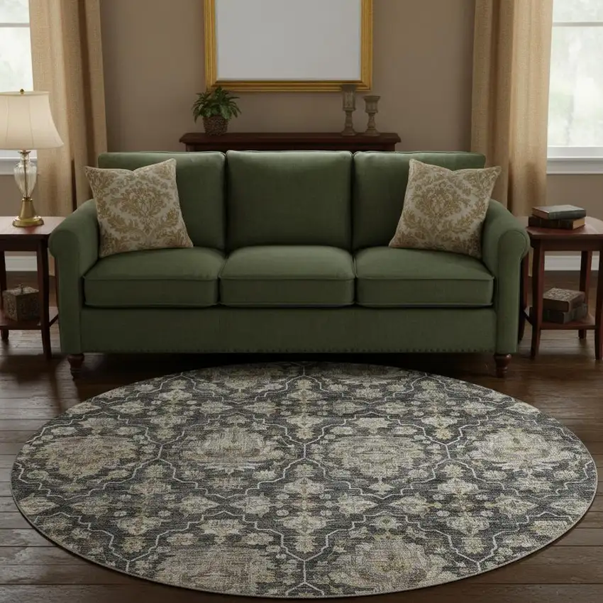 8' Graphite Ivory And Gold Floral Medallion Washable Round Rug With UV Protection Photo 1