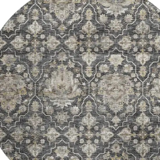 8' Graphite Ivory And Gold Floral Medallion Washable Round Rug With UV Protection Photo 4