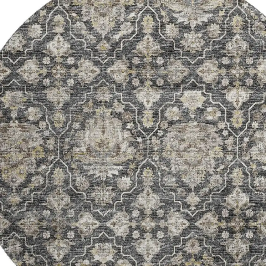 8' Graphite Ivory And Gold Floral Medallion Washable Round Rug With UV Protection Photo 4
