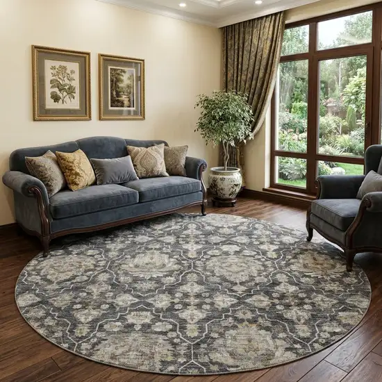 8' Graphite Ivory And Gold Floral Medallion Distressed Washable Round Rug With UV Protection Photo 1
