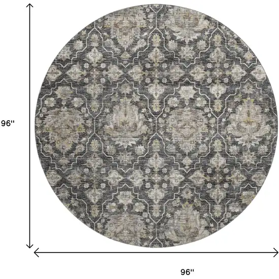 8' Graphite Ivory And Gold Floral Medallion Washable Round Rug With UV Protection Photo 3