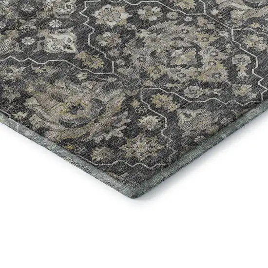 8' Graphite Ivory And Gold Floral Medallion Washable Round Rug With UV Protection Photo 8