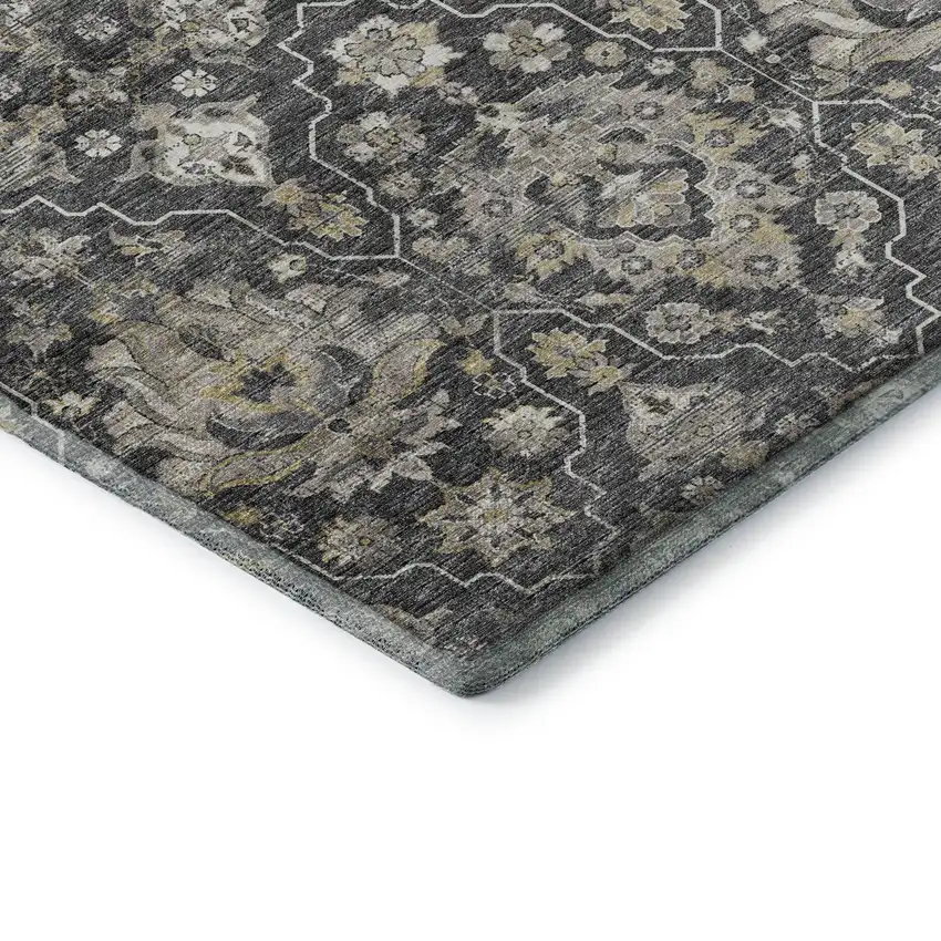 8' Graphite Ivory And Gold Floral Medallion Washable Round Rug With UV Protection Photo 8