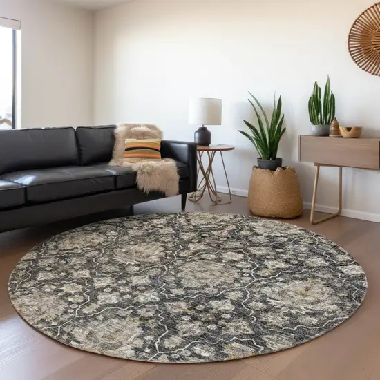 8' Graphite Ivory And Gold Floral Medallion Washable Round Rug With UV Protection Photo 6