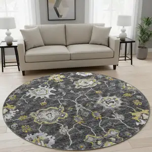 Photo of 8' Graphite Ivory And Gold Floral Medallion Washable Round Rug With UV Protection