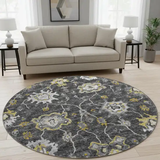 8' Graphite Ivory And Gold Floral Medallion Washable Round Rug With UV Protection Photo 1
