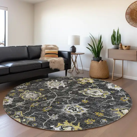 8' Graphite Ivory And Gold Floral Medallion Washable Round Rug With UV Protection Photo 4