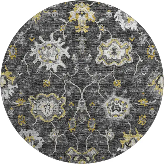 8' Graphite Ivory And Gold Floral Medallion Washable Round Rug With UV Protection Photo 2
