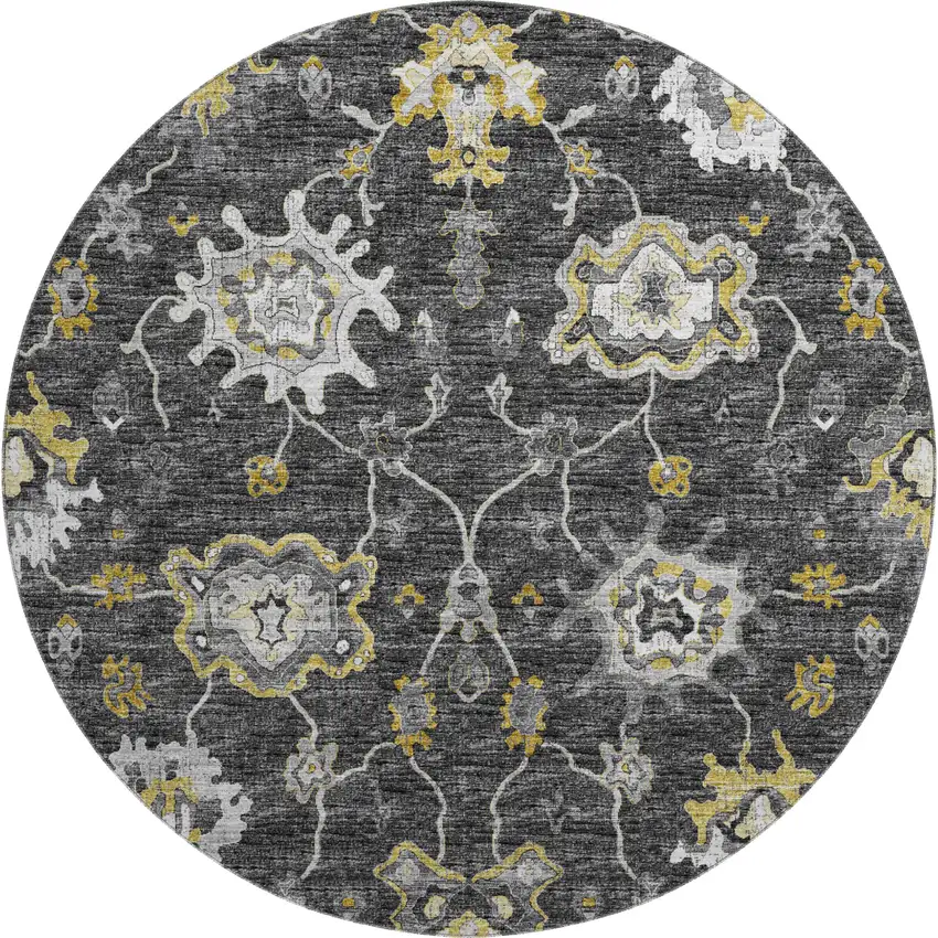 8' Graphite Ivory And Gold Floral Medallion Washable Round Rug With UV Protection Photo 2