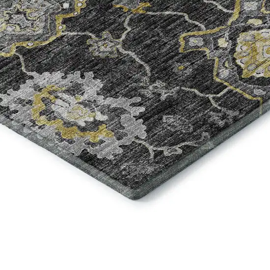 8' Graphite Ivory And Gold Floral Medallion Washable Round Rug With UV Protection Photo 6