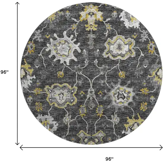 8' Graphite Ivory And Gold Floral Medallion Washable Round Rug With UV Protection Photo 3