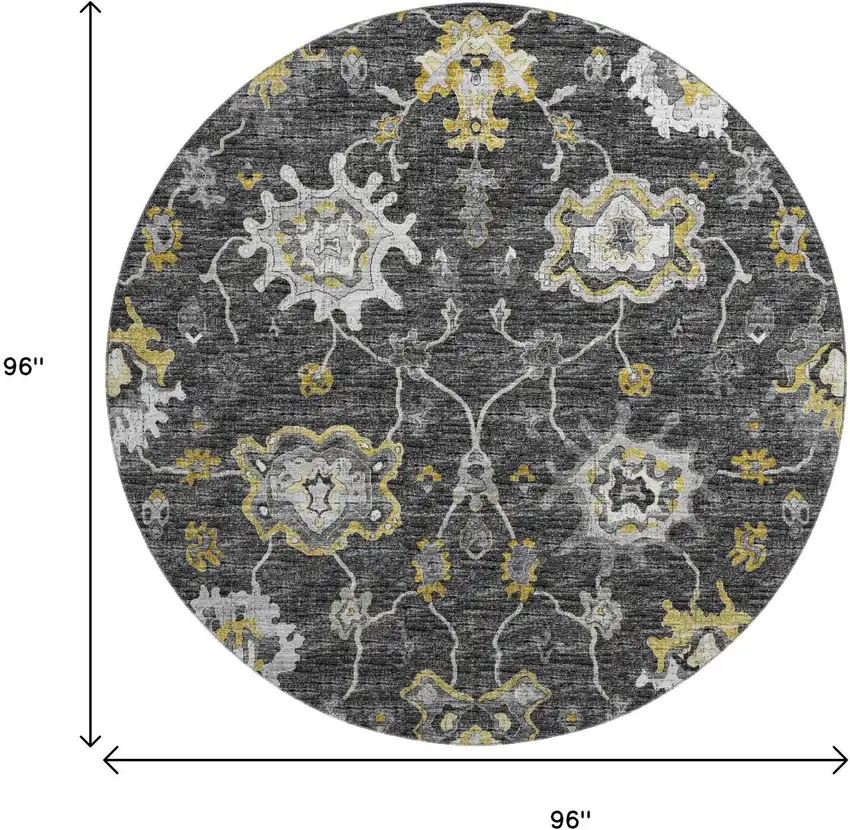8' Graphite Ivory And Gold Floral Medallion Washable Round Rug With UV Protection Photo 3