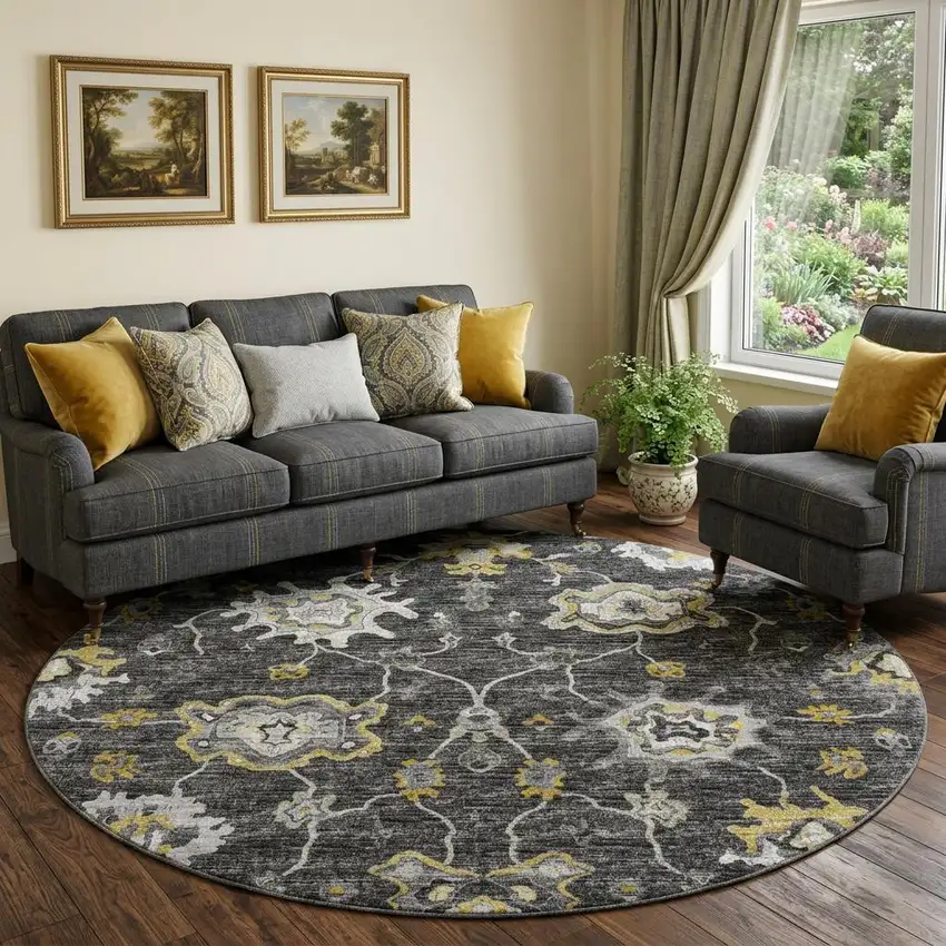 8' Graphite Ivory And Gold Floral Medallion Distressed Washable Round Rug With UV Protection Photo 1