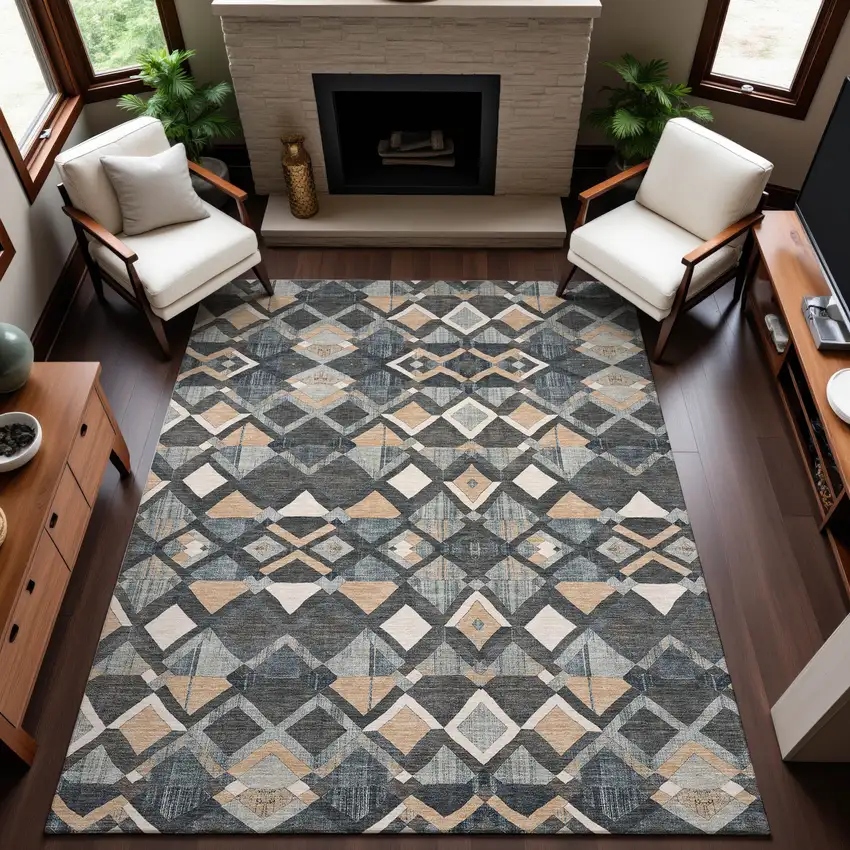 8' Graphite Peach And Ivory Geometric Washable Area Rug With UV Protection Photo 4