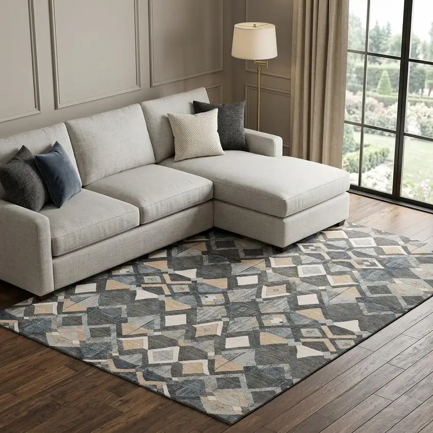 8' Graphite Peach And Ivory Geometric Washable Area Rug With UV Protection Photo 1