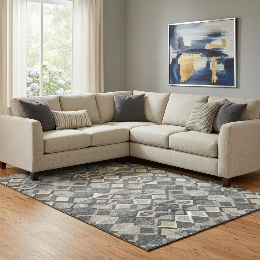 8' Graphite Peach And Ivory Geometric Washable Area Rug With UV Protection Photo 2