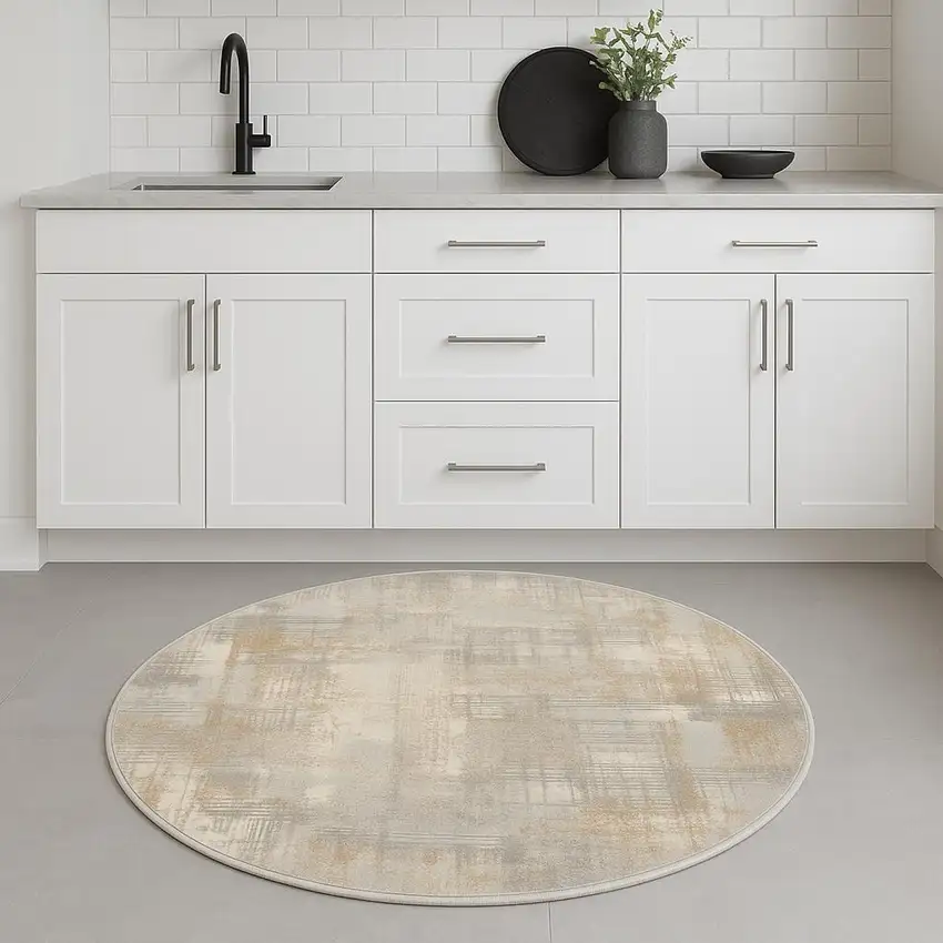 4' Gray Abstract Power Loom Round Rug Photo 1