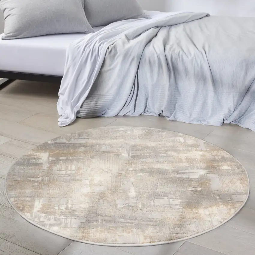 4' Gray Abstract Power Loom Round Rug Photo 5