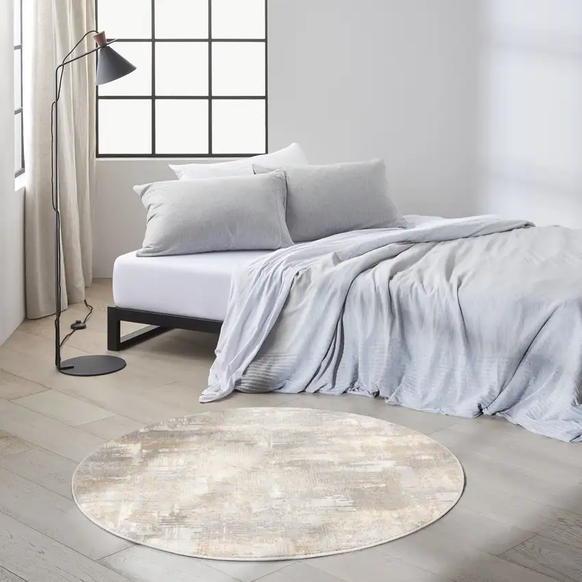 4' Gray Abstract Power Loom Round Rug Photo 6