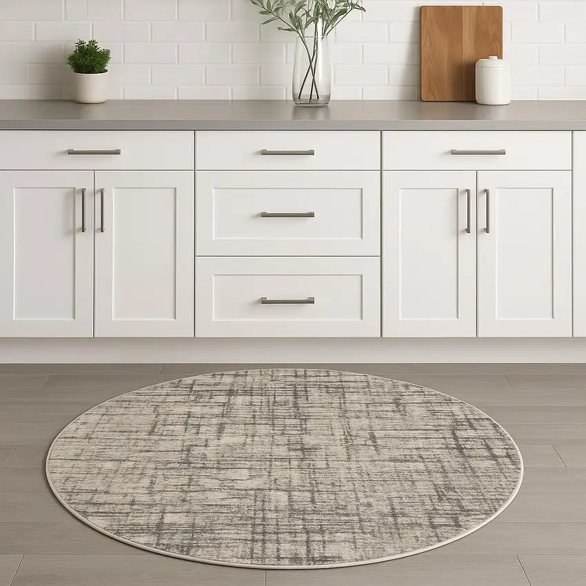 4' Gray Abstract Power Loom Round Rug Photo 1