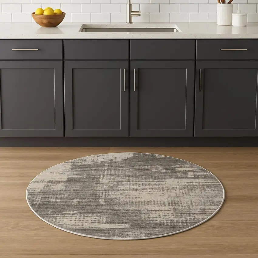 4' Gray Abstract Power Loom Round Rug Photo 1