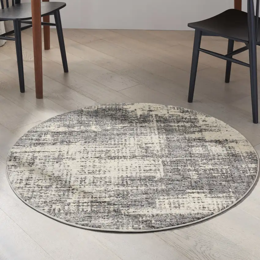 4' Gray Abstract Power Loom Round Rug Photo 6