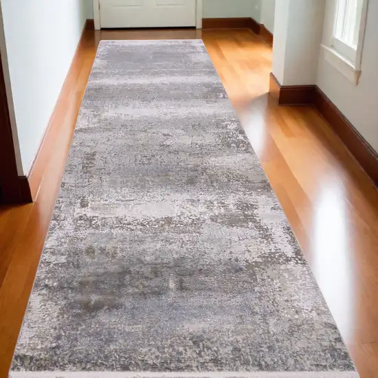 10' Gray Abstract Power Loom Runner Rug With Fringe Photo 1
