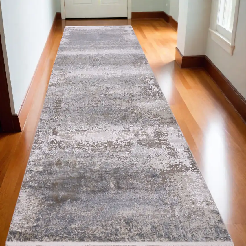 10' Gray Abstract Power Loom Runner Rug With Fringe Photo 1