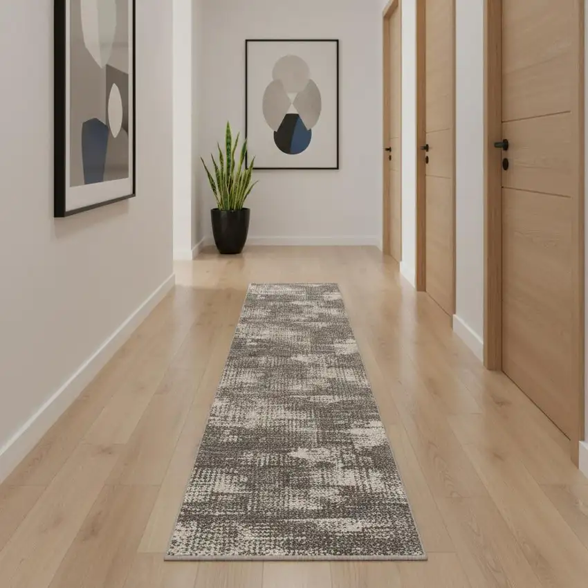 10' Gray Abstract Power Loom Runner Rug Photo 1